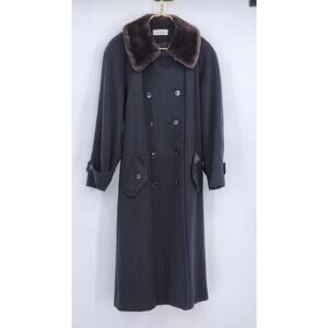 Calvin Klein Vintage Black Wool Double Breasted Coat w/ Brown Faux Fur Hood USA